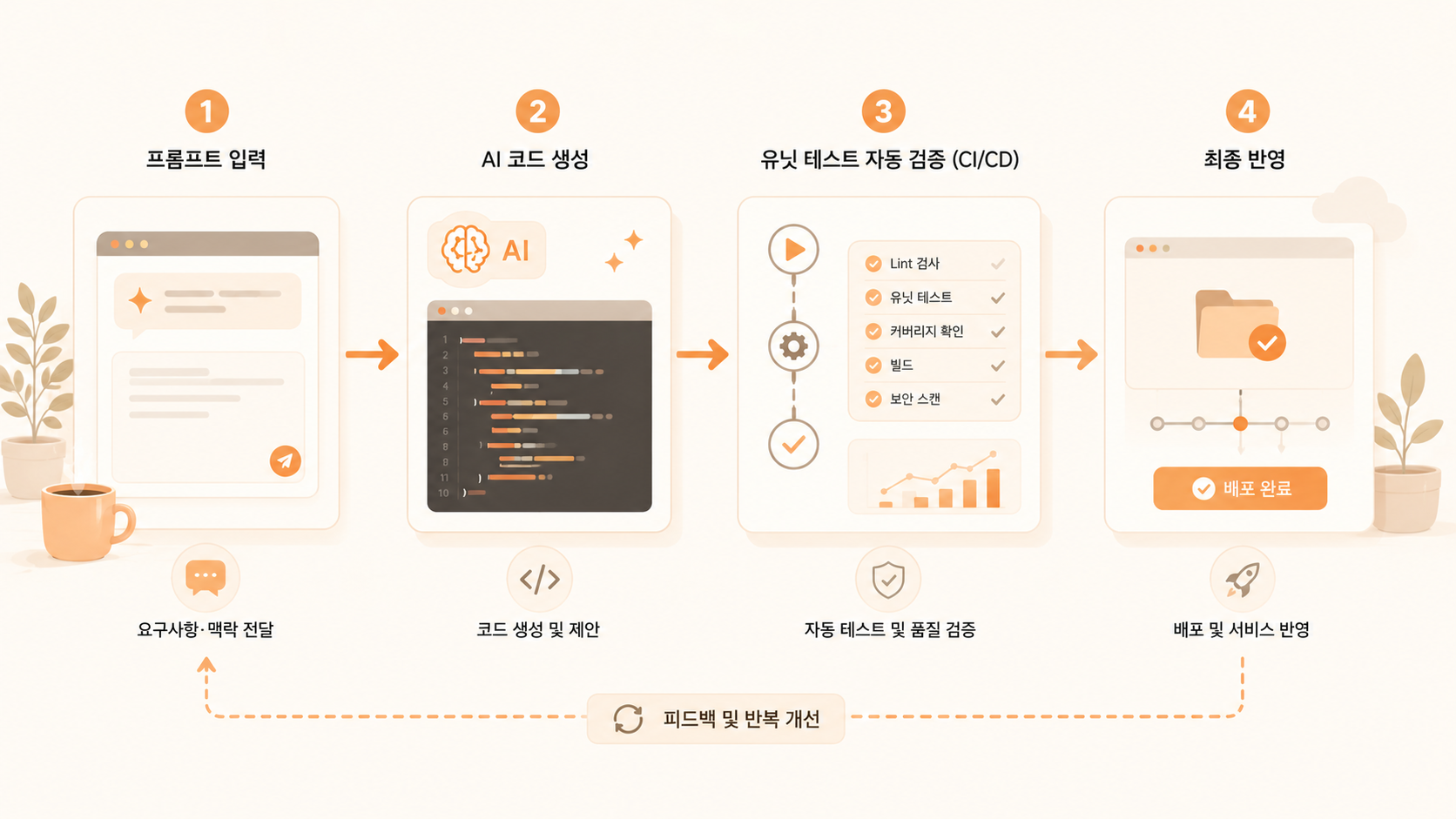 AI 기반 개발 및 배포 자동화의 이상적인 워크플로우 순서도: 1단계 요구사항 전달 및 프롬프트 입력, 2단계 AI 코드 생성 및 제안, 3단계 Lint 검사 및 유닛 테스트 자동 검증(CI/CD), 4단계 배포 및 서비스 최종 반영 프로세스와 피드백 루프를 보여줍니다.