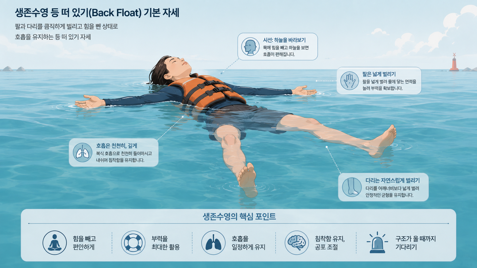 바다에서 등 떠 있기 자세로 물에 떠서 구조를 기다리는 생존수영 모습