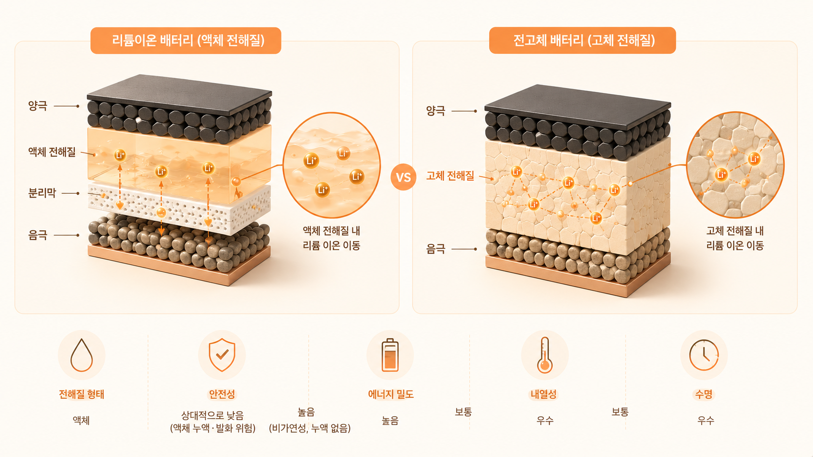 기존 리튬이온 배터리와 전고체 배터리의 구조 및 안정성 비교 단면도