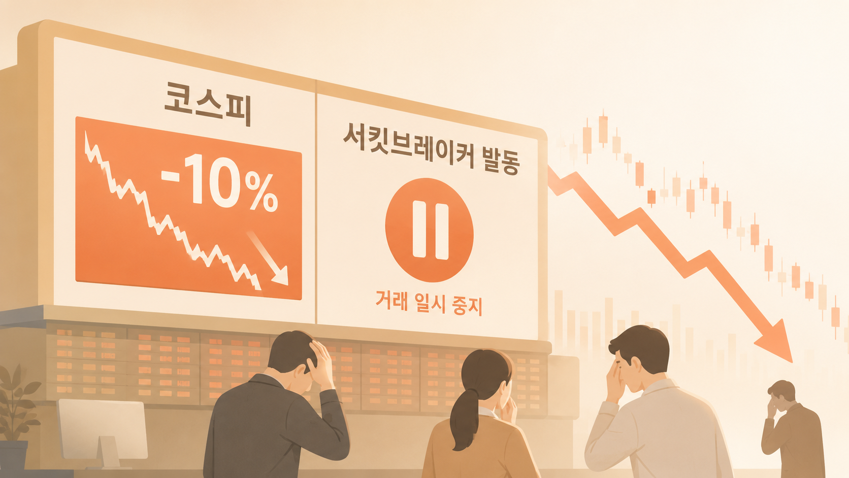 2026년 코스피 급락 및 서킷브레이커 발동 증권사 전광판 시각화