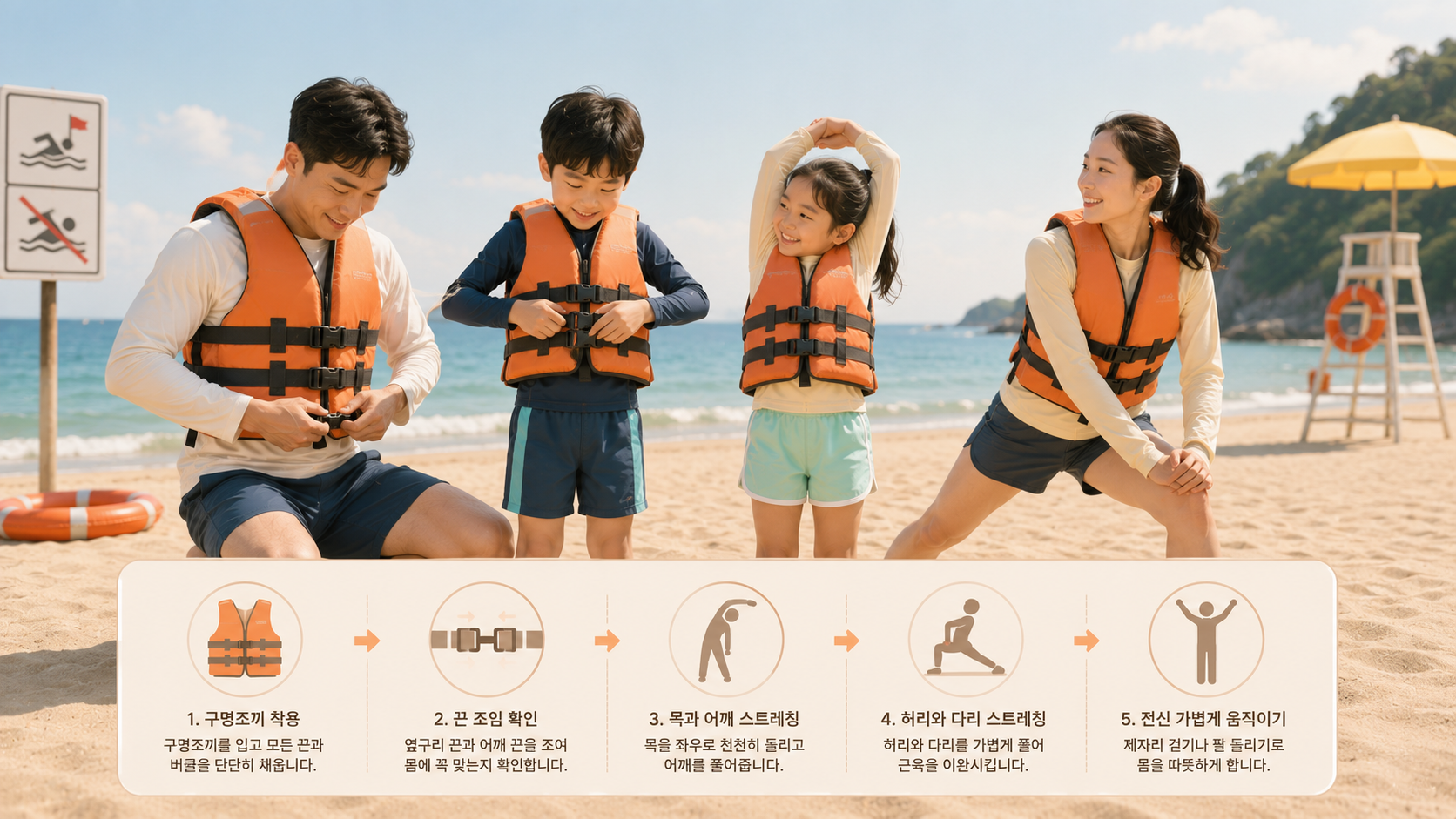해수욕장에서 올바르게 구명조끼를 착용하고 준비운동을 하는 가족들