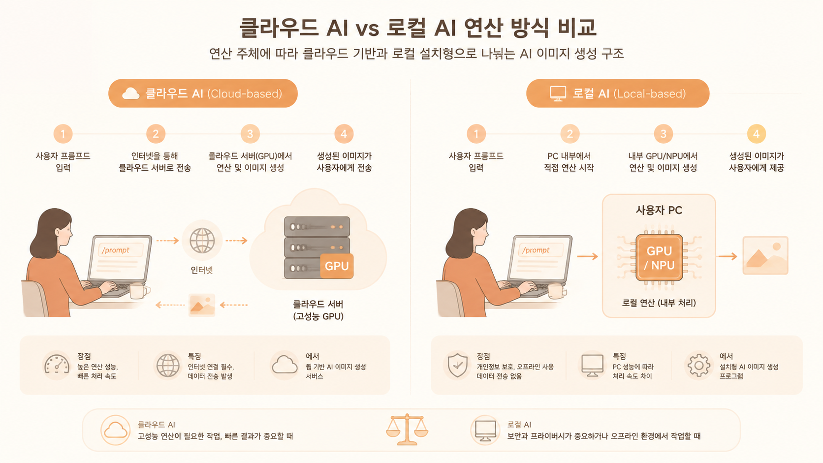 클라우드 서버 방식과 로컬 컴퓨터 방식의 AI 이미지 생성 연산 구조 비교 도식