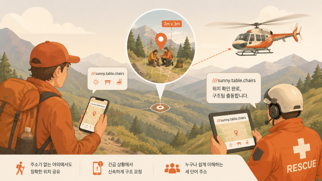 산악 구조 및 야외 활동에서 what3words를 활용하는 모습