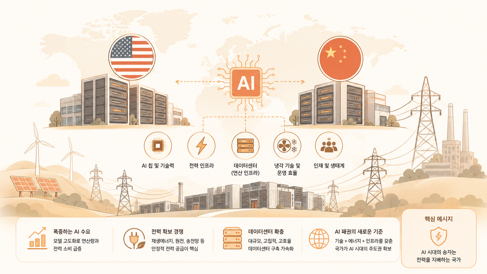 글로벌 AI 인프라 및 전력망 데이터센터 개념도