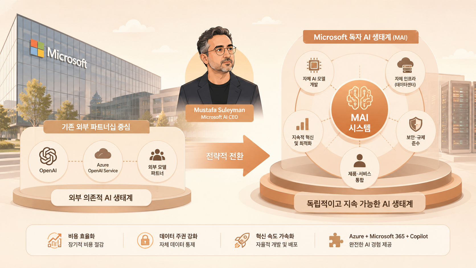 Microsoft 독자 AI 생태계 전환 전략 Microsoft AI 로고와 무스타파 술레이만이 이끄는 Microsoft AI 조직의 독자 생태계 구상도