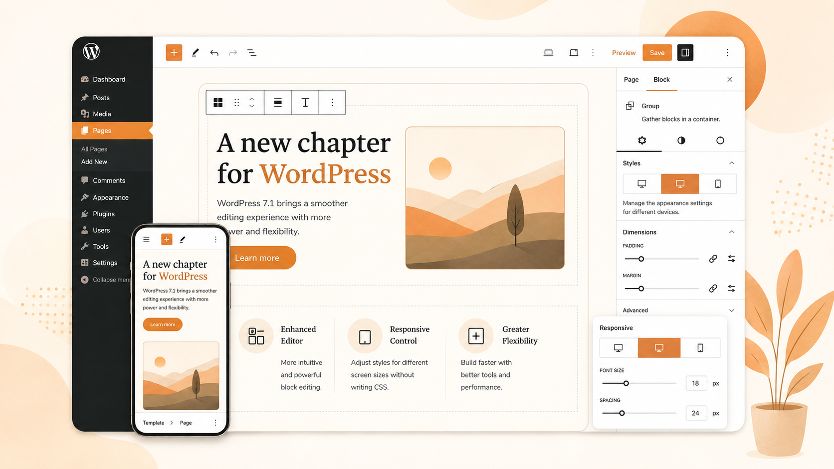WordPress 7.1 RC1 배포 및 반응형 에디터 개선 화면