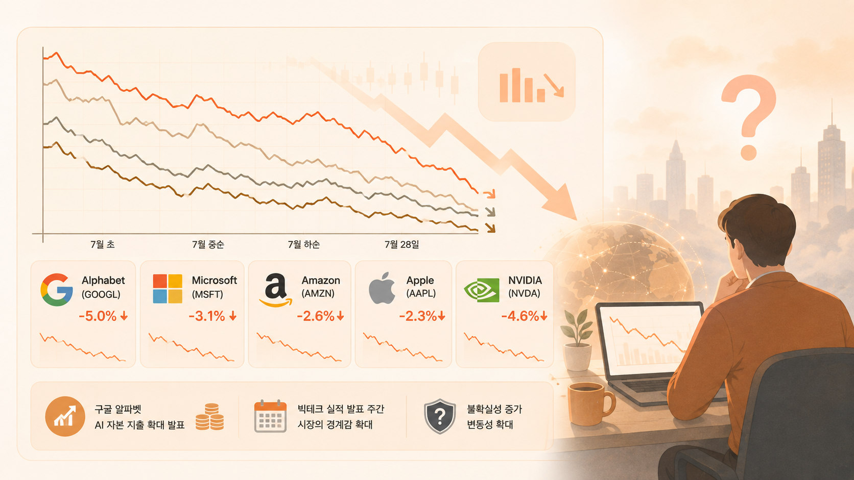 주가 지수 차트와 불확실성을 나타내는 주식 시장 그래픽