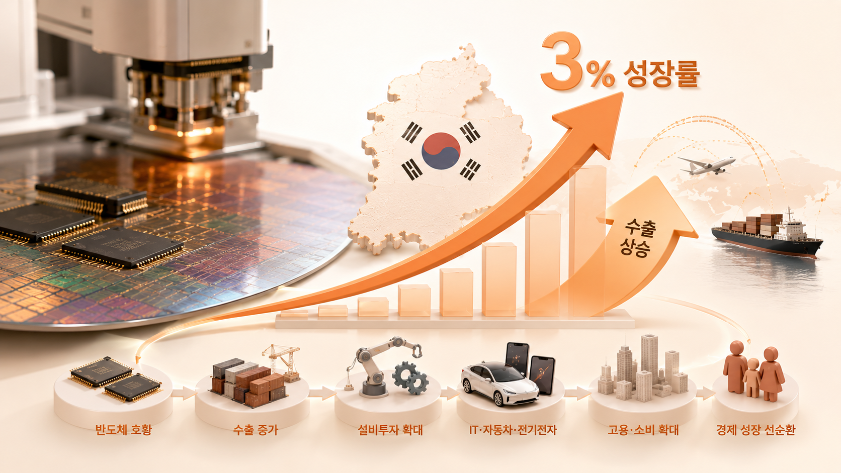 반도체 호황과 경제 성장률 반도체 공정과 한국 경제 성장률 상승 곡선을 나타내는 그래픽