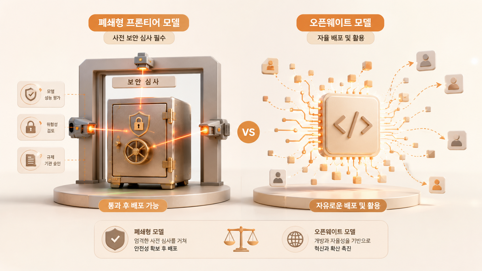 폐쇄형 프론티어 모델과 오픈웨이트 모델의 보안 심사 대조 그래픽